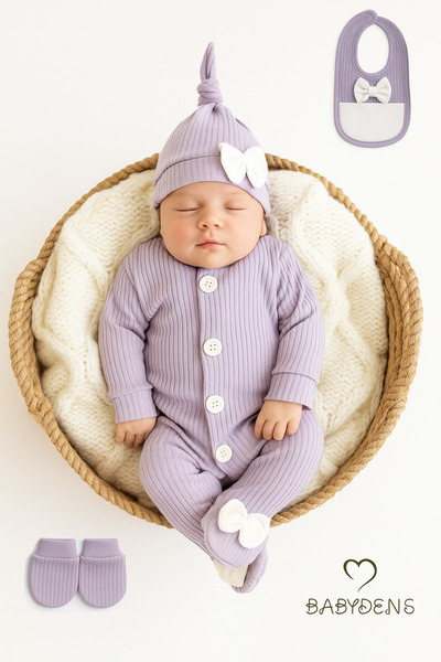 BABYDEN'S 4 'lü Kız Bebek Fitilli Yenidoğan Bebek Tulum Seti %100 Pamuklu Has...