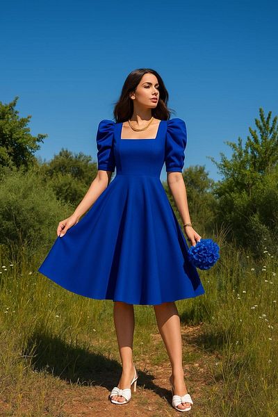 Modafeminen Rochie cu mânecă scurtă, lungime midi, guler pătrat 583231 Saks