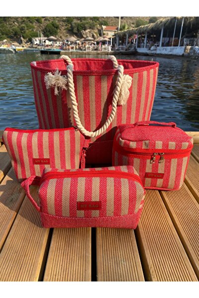 MY BAG ÇANTA Jute-Wicker Women's Shoulder, Beach, Picnic Bag, Striped, Luxury, Rope Strap 100% Cotton Woven 52X17X36 cm