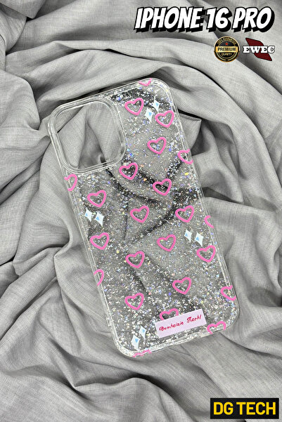 EWEC iPhone 16 Pro Uyumlu Pembe Minik Kalpli Simli Şeffaf Parıltılı Premium T...