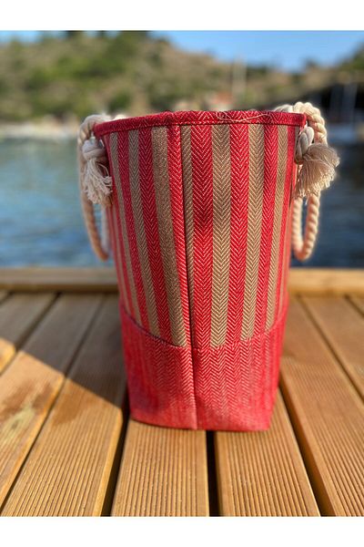 MY BAG ÇANTA Jute-Wicker Women's Shoulder, Beach, Picnic Bag, Striped, Luxury, Rope Strap 100% Cotton Woven 52X17X36 cm