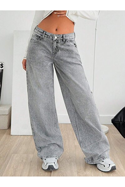 REDZARRAM pantaloni lungi pentru femei, gri deschis, cu talie joasă