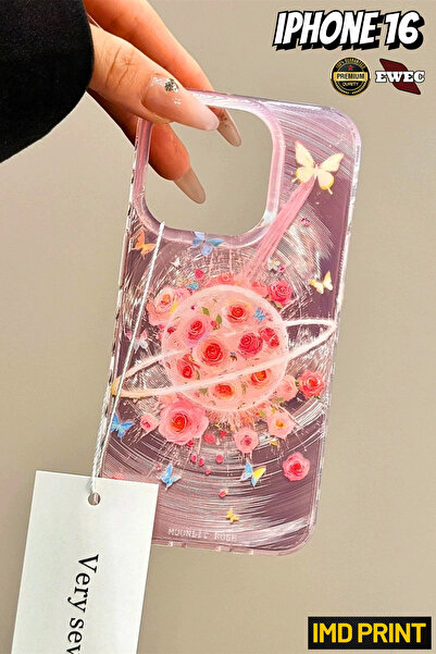 EWEC iPhone 16 Uyumlu Pembe Gül ve Kelebekli Rose Planet Hologramlı IMD Premi...