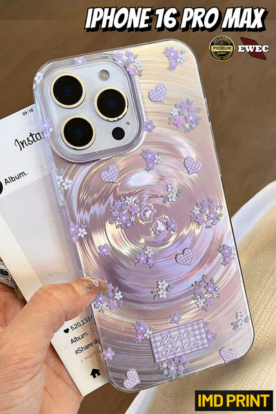 EWEC İphone 16 Pro Max Uyumlu Mor Çiçek Ve Kalpli Purple Garden Hologramlı Im...