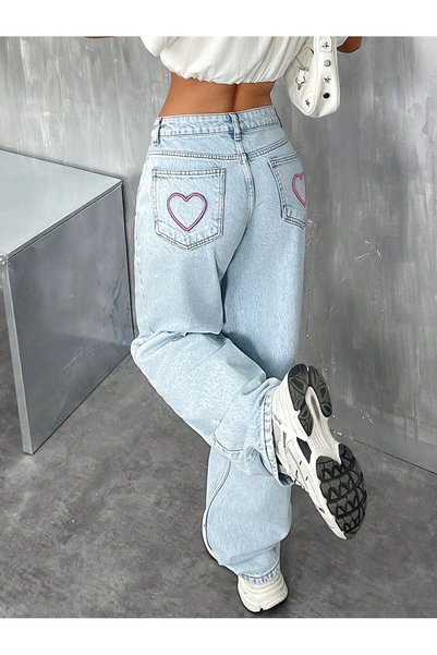 REDZARRAM Light Blue Back Pocket Pink Heart Detail Low Waist Women's Pants
