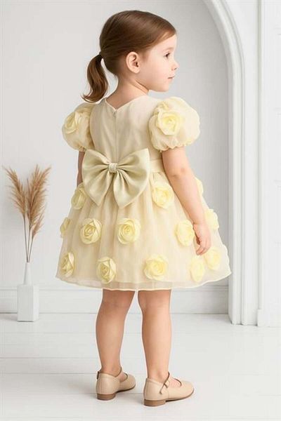 2kids2mom Lemon Yellow Rose Detailed Bow Special Occasion Dress |   Party and Birthday Outfit