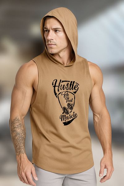 BESSA Ανδρικό εμπριμέ Hustle - Μπεζ υπερμεγέθη βαμβακερή κουκούλα αμάνικο αθλητικό εσώρουχο