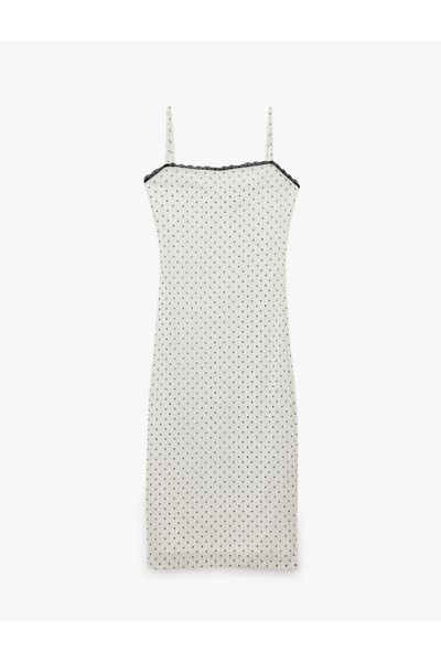 Koton Kare Yaka Askılı Puantiyeli Dantelli Tül Midi Elbise