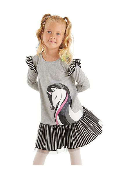 Denokids Κομψό μονόκερο γκρι κοριτσίστικο φόρεμα