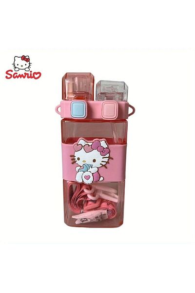 SANRIO Unbreakable Double Straw Water Bottle with Characters - Kuromi and Friends Themed Transparent Flask