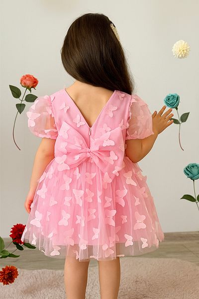 2kids2mom Butterfly Pattern Pink Dress Short Sleeve Bow Birthday Party Wedding Special Occasion Tulle Lined Prince