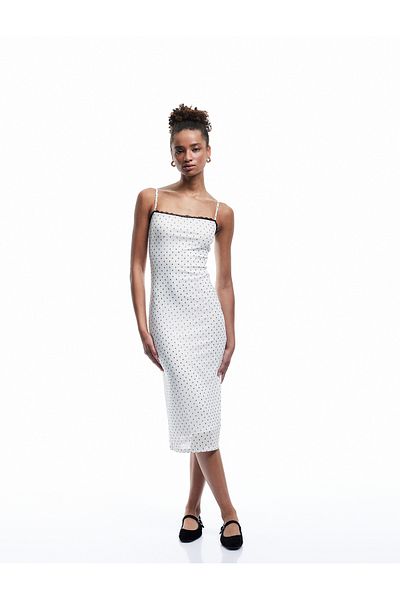 Koton Square Neck Strap Polka Dot Ruched Tulle Midi Dress