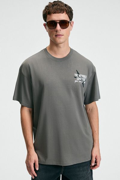 GRIMELANGE Feast Men's 100% Cotton Oversize Fit Printed Short Sleeve Round Neck Gray T-Shirt