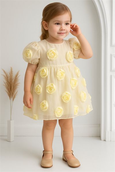 2kids2mom Lemon Yellow Rose Detailed Bow Special Occasion Dress |   Party and Birthday Outfit