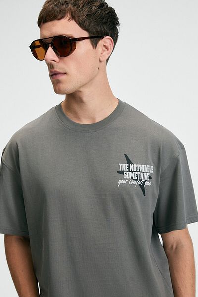 GRIMELANGE Feast Men's 100% Cotton Oversize Fit Printed Short Sleeve Round Neck Gray T-Shirt