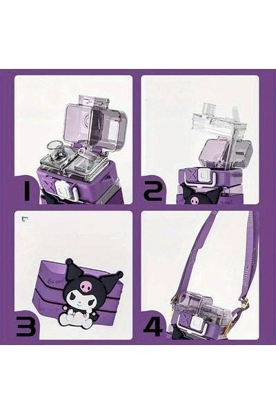 SANRIO Unbreakable Double Straw Water Bottle with Characters - Kuromi and Friends Themed Transparent Flask