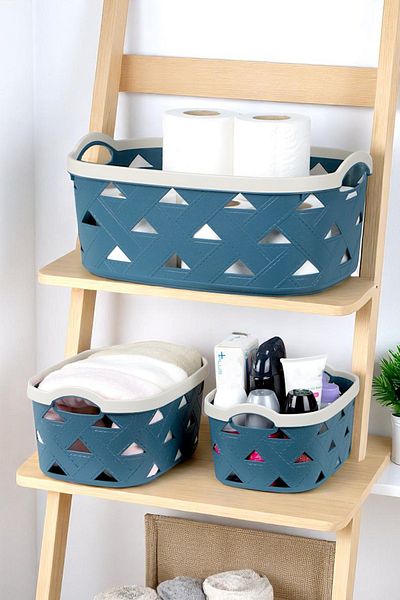 İronika 3-Piece Decorative Leather Look Closet Organizer Storage Box Kitchen Bathroom Organizer Basket Blue