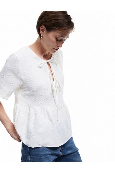 Koton Short Sleeve Bow Detailed Textured Tie Front Blouse