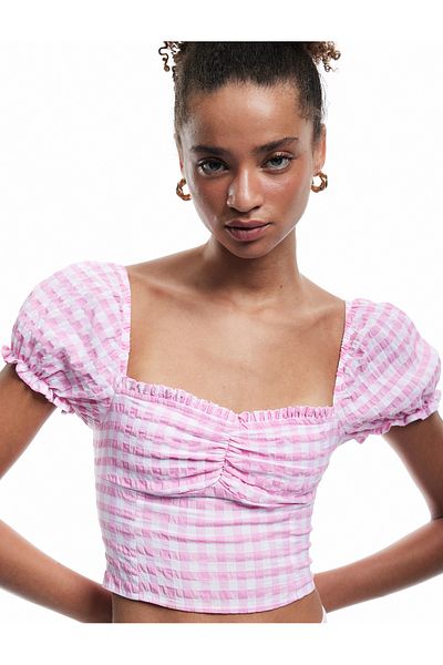 Koton Μπλούζα με μπαλόνι με βολάν γιακά Gipeli Gingham Crop