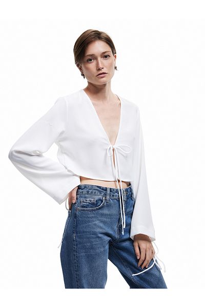 Koton V Neck Long Bell Sleeve Tie Front Bow Detail Crop Blouse