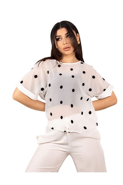 EsSo butik Polka Dot Front Chiffon Back Strawberry Fabric Blouse