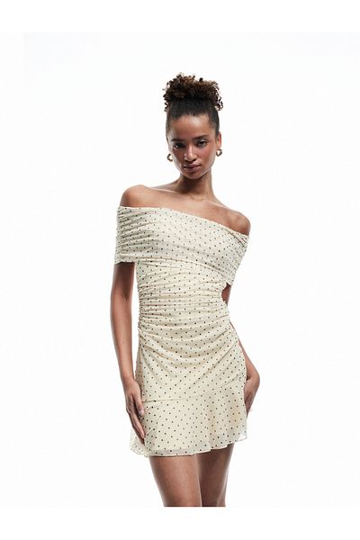 Koton Polka Dot Boat Neck Sleeveless Draped Flounced Lined Tulle Mini Dress