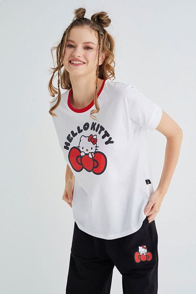 Hello Kitty Αδειτωμένο εμπριμέ λευκό μπλουζάκι από βαμβάκι κανονικής κοπής