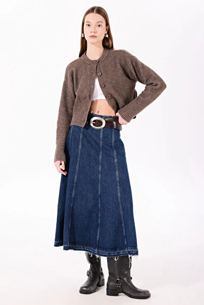 Denim Trip Flare A-Line Fit Midi Boy Orta İndigo Kadın Jean Etek