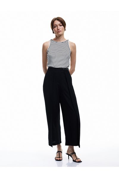 Koton Viscose Blended Half Belt Detailed Ribbed Straight Wide Leg Trousers
