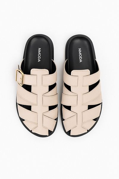StWenn Yoshi Beige Suede Belt Buckle Detailed Flat Sole Women's Slippers