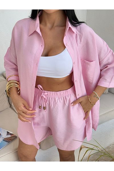 LB Laluna Butik Γυναικείο Σετ Σορτς Πουκάμισο Oversize από λινό ύφασμα