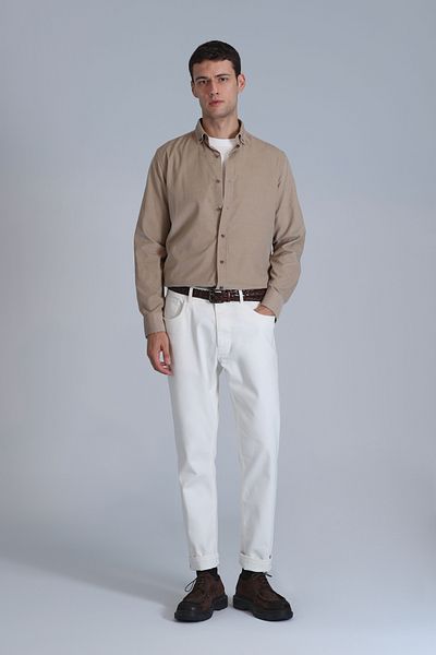 Lufian Ανδρικό πουκάμισο Slim Fit Beige Basic - Νερό