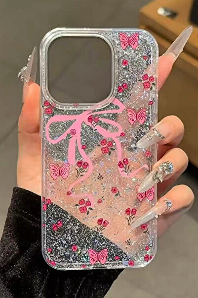EWEC iPhone 11 Uyumlu Pembe Fiyonk ve Kelebekli Simli Şeffaf Parıltılı Premium Telefon Kılıfı