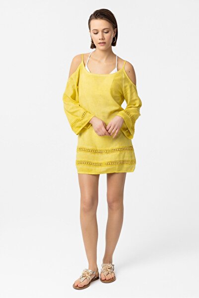 Deriderim Жовта сорочка з тонким бретельками, мереживом і рукавами-крильцями з бавовни