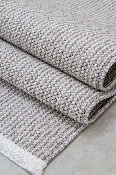 Vila Nova Home Saçaklı Beyaz ve Bej Yumuşak Polyester Bukle Dokuma Makina Halısı Antialerjik Tozumaz