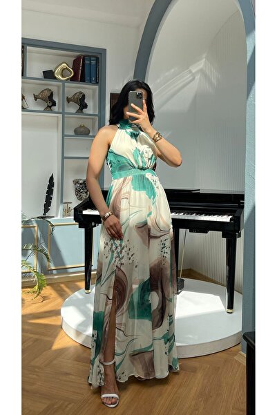 Nida Boutique Halter Yaka Sıfır Kol Astarlı Yırtmaçlı Şifon Elbise