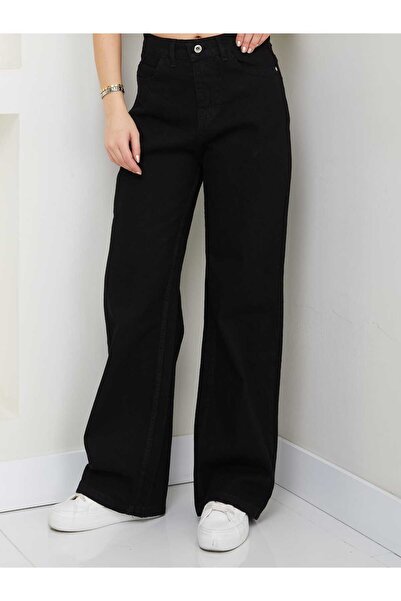 ByCukurovaFrango Black Super High Waist Loose Jeans Palazzo Pants