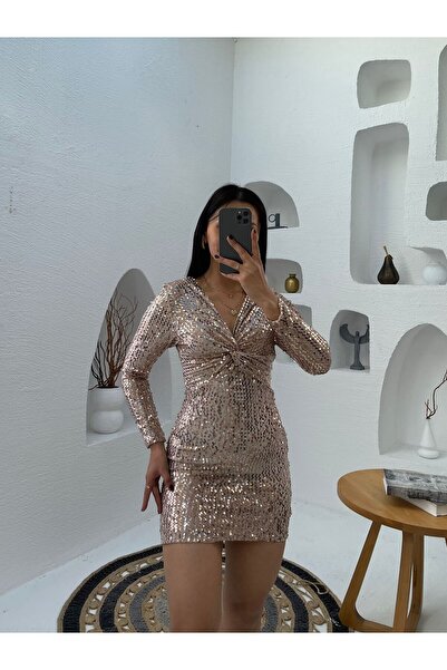 Nida Boutique Uzun Kol Düğüm Detaylı Kadife Pulpayet Kısa Elbise