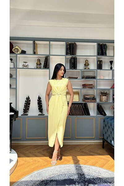 Nida Boutique Bel Dekolte Detaylı Önden Yırtmaçlı Sıfır Kol Double Kumaş Elbise