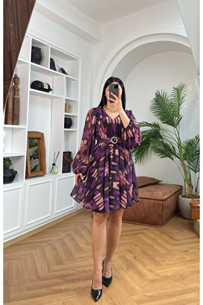 Nida Boutique Uzun Kol Astarlı V Yaka Kuşaklı Beli Lastikli Şifon Elbise