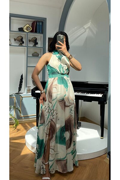 Nida Boutique Halter Yaka Sıfır Kol Astarlı Yırtmaçlı Şifon Elbise
