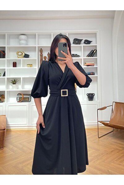 Nida Boutique Yarım Kol Kruvaze Yaka Kuşaklı Örme Krep Elbise