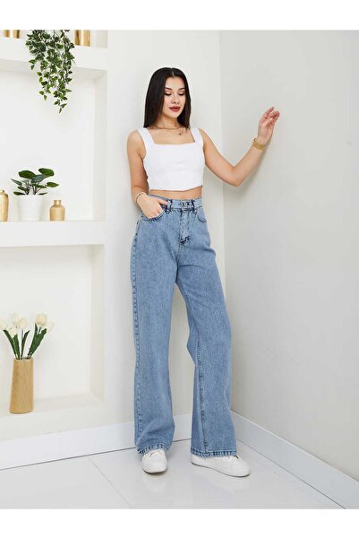 moda camiya Snow Wash Blue Super Visok struk Ležerne farmerke Palazzo pantalone