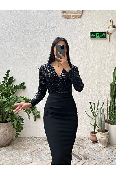 Nida Boutique V Yaka Pulpayet Eteği Drapeli Krep Elbise