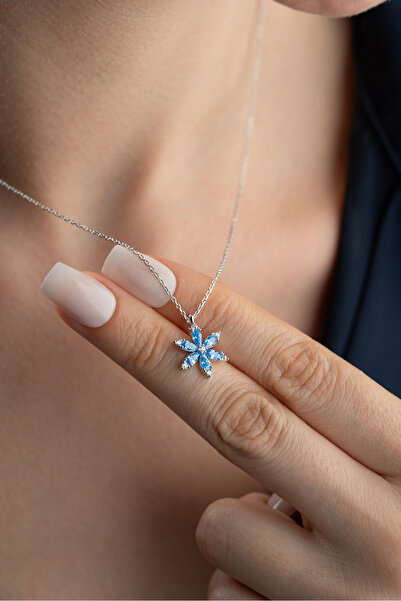 Silvano Jewelry 925 Ayar Gümüş Aqua Taşlı Lotus Kolye