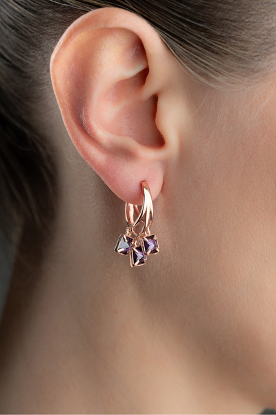 Silvano Jewelry 925 Ayar Gümüş Rose Mor Taşlı Küpe