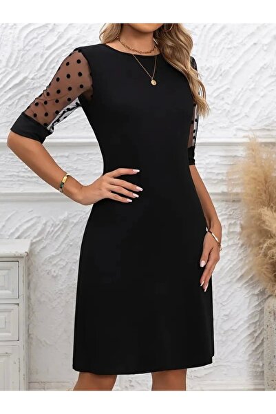 COjans Дамска рокля от креп Janjan с тюл и кръгло деколте на точки