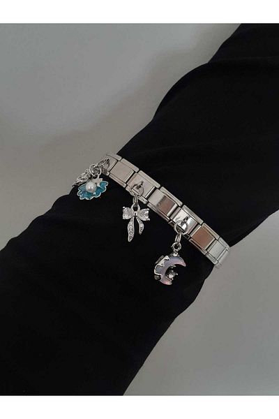 bijoux uniques Steel Italian Charm Bracelet with Blue Seashell, Pearl, Ribbon and Moon Figure