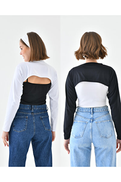 mirach 4’lü Set Bandanalı Siyah Beyaz Sıfır Yaka Uzun Kol Boyunluklu Kolluk | Crop Bluz Bolero Şık Tasarım