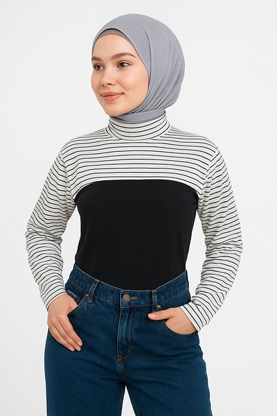 mirach Set of 2 Simple and Striped Neck Collar Sleeves Black and White Body Long Sleeve Combed Cotton Underwear Sleeve